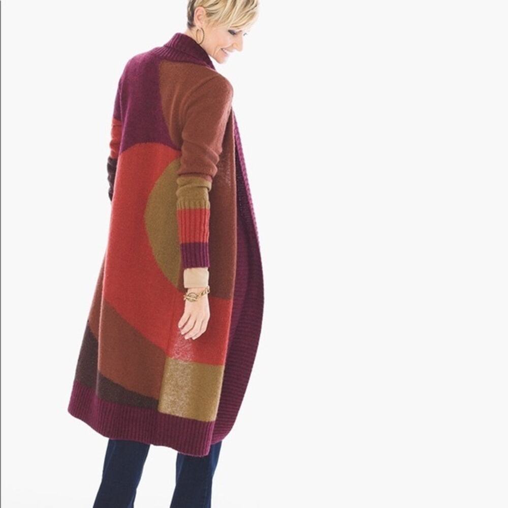 Chico’s Biana Color Blocked Jewel Tone Long Open Knit Cardigan Wool Blend S NEW